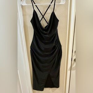 Sleek Black Cowl-Neck Midi Dress with Cross-Back Straps